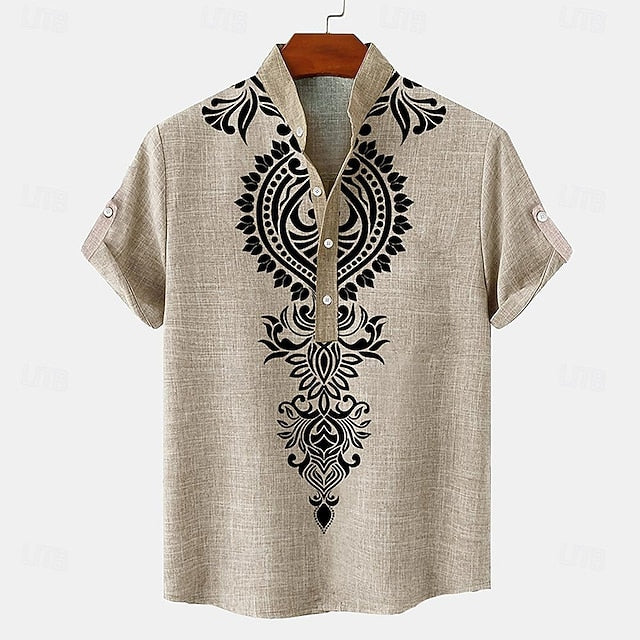 Men’s Linen Summer Shirt – Ethnic Vintage Henley Short Sleeve