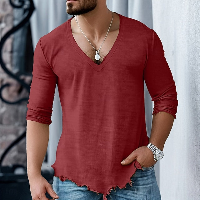 Men’s Cotton Linen Shirt – Long Sleeve, V-Neck, Casual Style