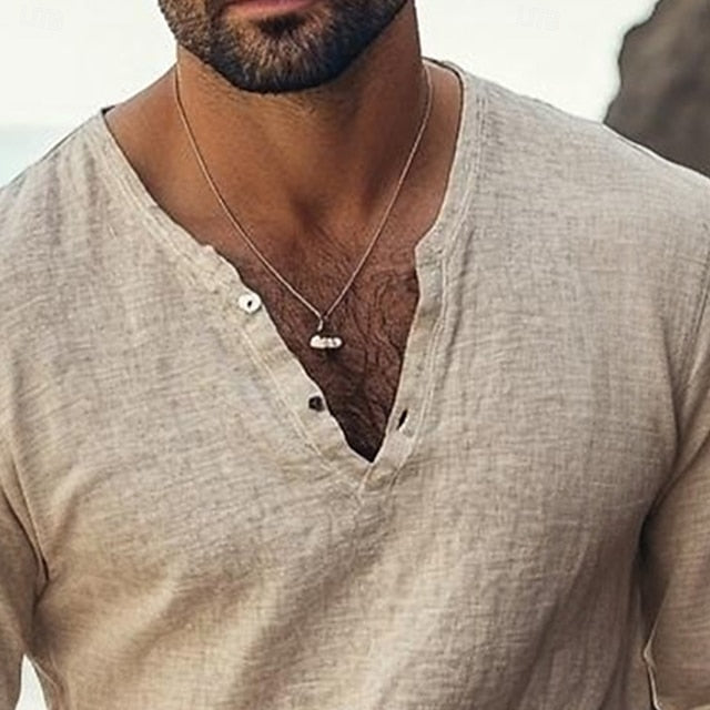 Men’s Casual V-Neck Linen Look Tee – Summer Essential