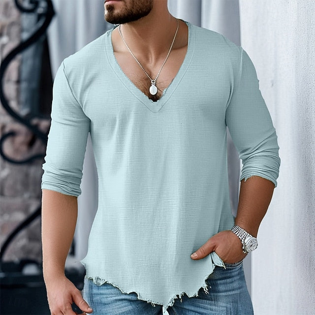 Men’s Cotton Linen Shirt – Long Sleeve, V-Neck, Casual Style
