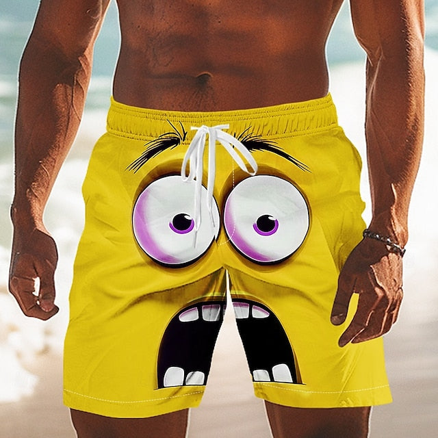 Men’s 3D Cartoon Swim Shorts – Smiley Face Design
