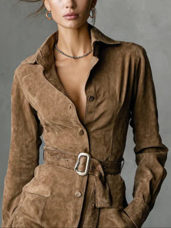 Suede Midi Dress with Lapel Collar