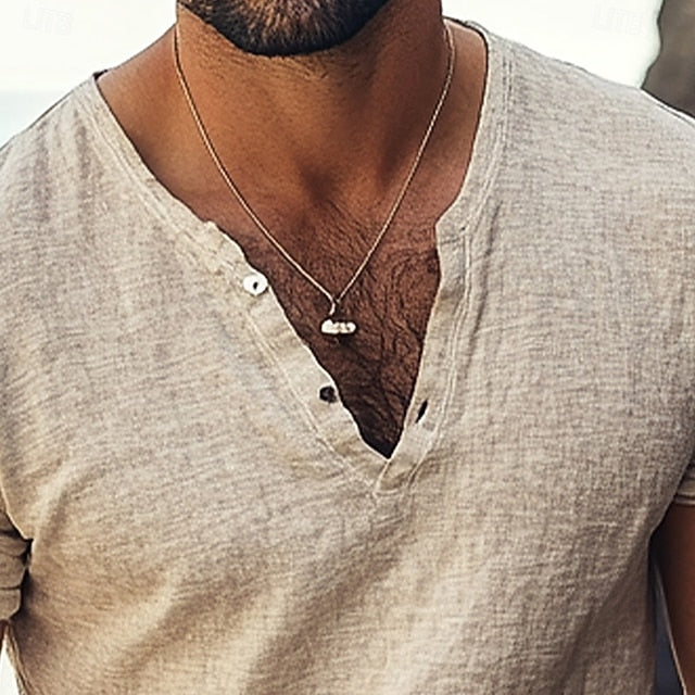 Men’s Casual V-Neck Linen Look Tee – Summer Essential