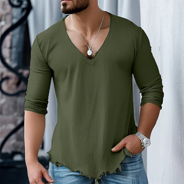 Men’s Cotton Linen Shirt – Long Sleeve, V-Neck, Casual Style