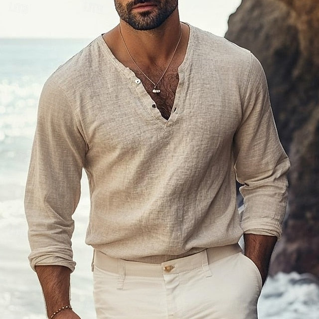 Men’s Casual V-Neck Linen Look Tee – Summer Essential
