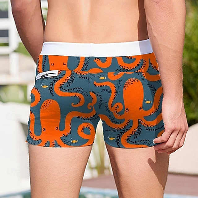 Men’s Swim Shorts – Flamingo & Octopus 3D Print, Elastic Waist, Mesh Lining