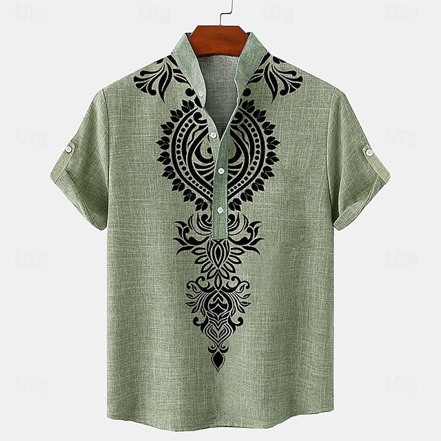 Men’s Linen Summer Shirt – Ethnic Vintage Henley Short Sleeve