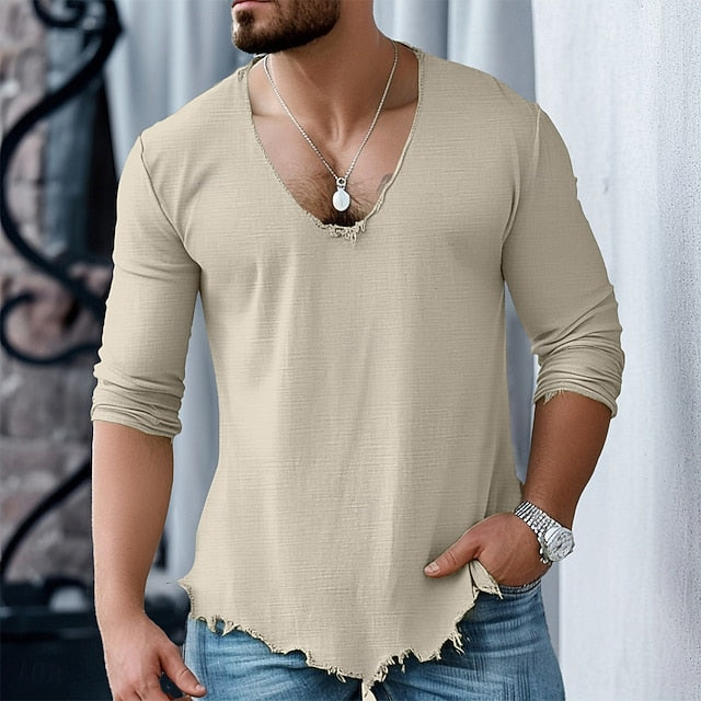 Men’s Cotton Linen Shirt – Long Sleeve, V-Neck, Casual Style