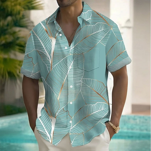 Ouku Men's Hawaiian Shirt – Palm Leaf Print, Short Sleeve