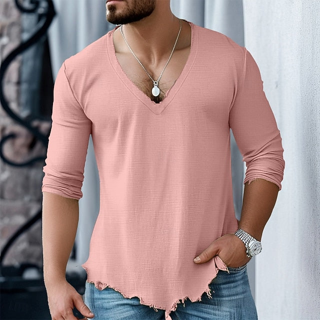 Men’s Cotton Linen Shirt – Long Sleeve, V-Neck, Casual Style
