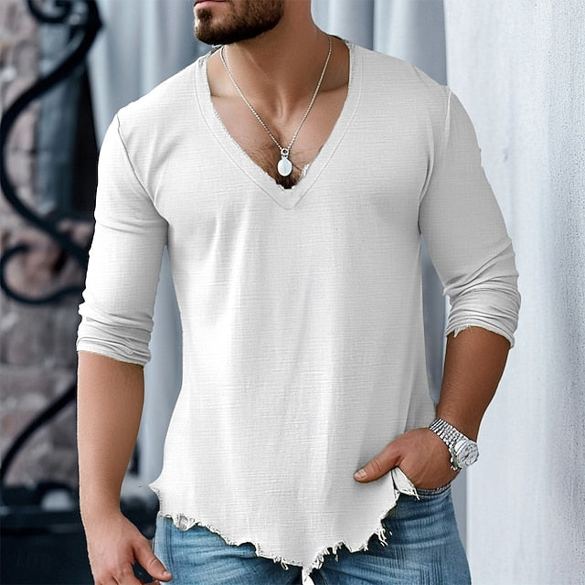 Men’s Cotton Linen Shirt – Long Sleeve, V-Neck, Casual Style