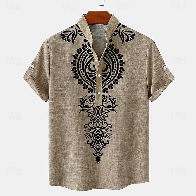Men’s Linen Summer Shirt – Ethnic Vintage Henley Short Sleeve