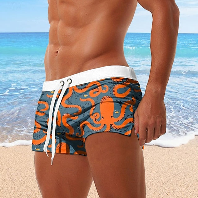 Men’s Swim Shorts – Flamingo & Octopus 3D Print, Elastic Waist, Mesh Lining